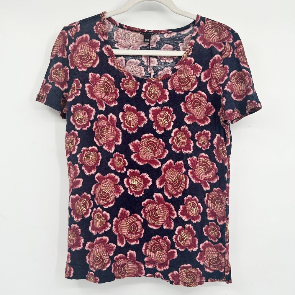Ann Taylor Womens 100% Linen Floral Print Romantic Tropical Top Tee Size M